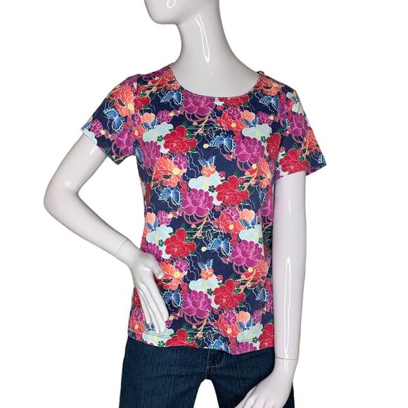 Rebecca Malone Floral Blouse Size Medium Colorful Short Sleeve Round Neckline - Picture 1 of 8